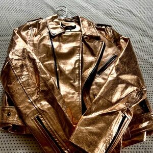 Rose-gold, metallic, leather biker jacket size M